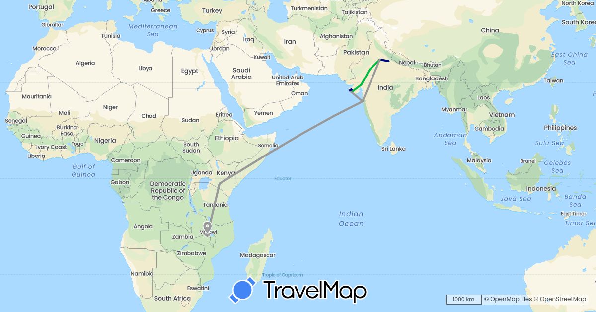 TravelMap itinerary: driving, bus, plane in India, Kenya, Malawi (Africa, Asia)